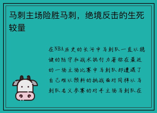 马刺主场险胜马刺，绝境反击的生死较量