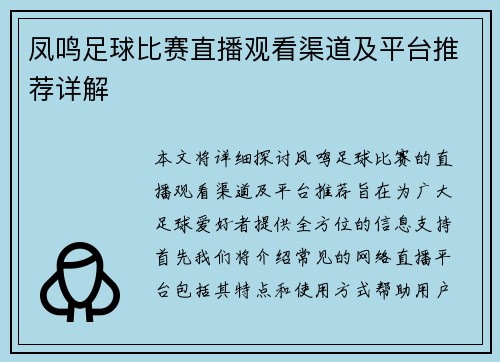 凤鸣足球比赛直播观看渠道及平台推荐详解